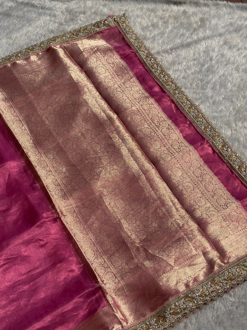 Saundarya Baby Pink Banarasi Tissue Saree