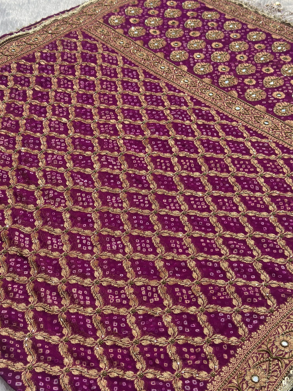 Bandhej Purple Banarasi Silk Saree – zari lattice and paisley pallu