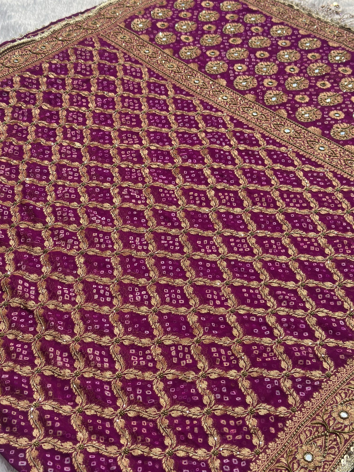 Bandhej Purple Banarasi Silk Saree – zari lattice and paisley pallu