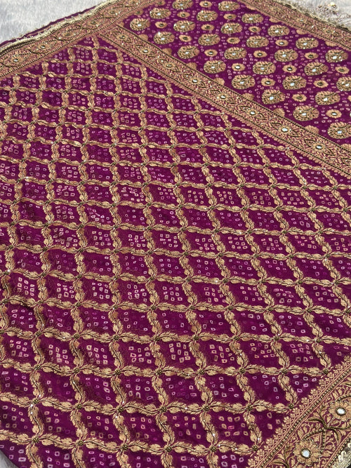 Bandhej Purple Banarasi Silk Saree – zari lattice and paisley pallu