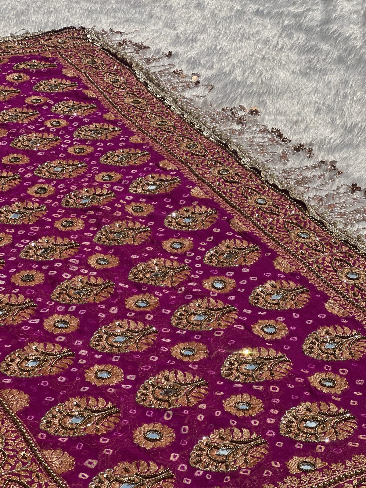 Bandhej Purple Banarasi Silk Saree – mirror-work paisleys and tassel border