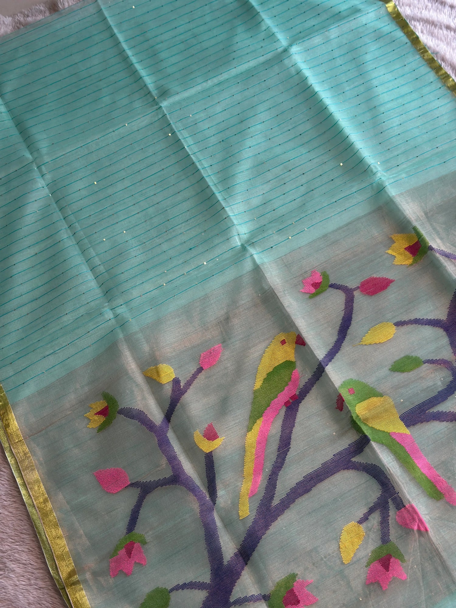 Sky Blue Jamdani Saree with Parrot Motif - RV Couture 24