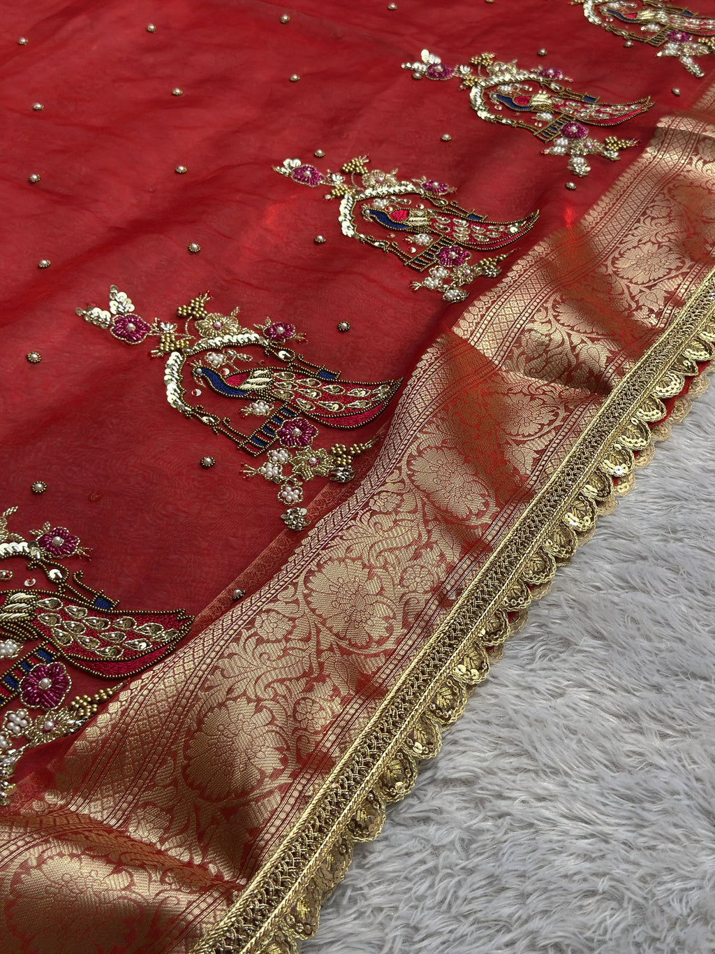 Shahi Mayur Red Banarasi Silk Saree - RV Couture 24