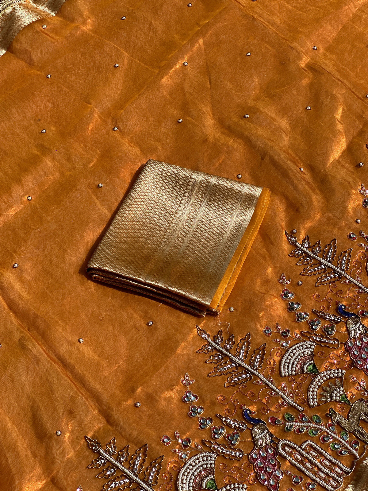 Mor Mahal Orange Banarasi Silk Saree - RV Couture 24