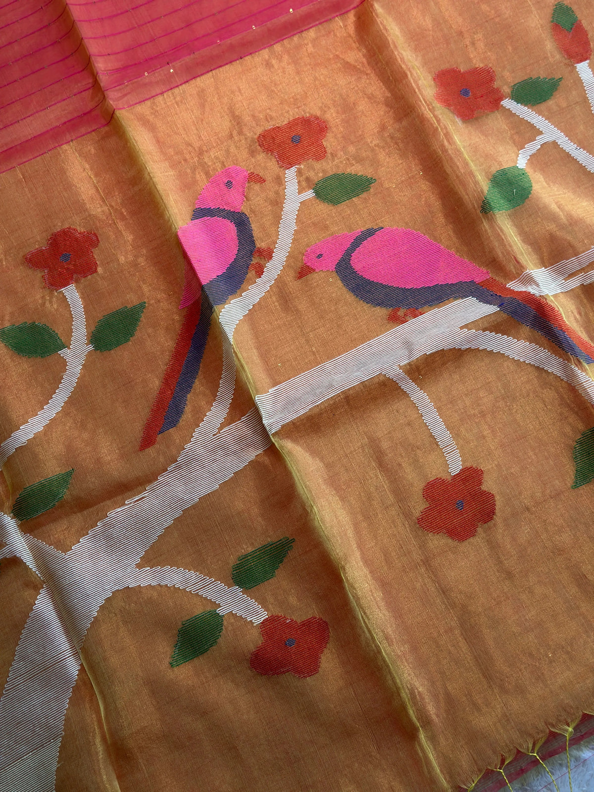 Orange Jamdani Saree with Parrot Motif - RV Couture 24