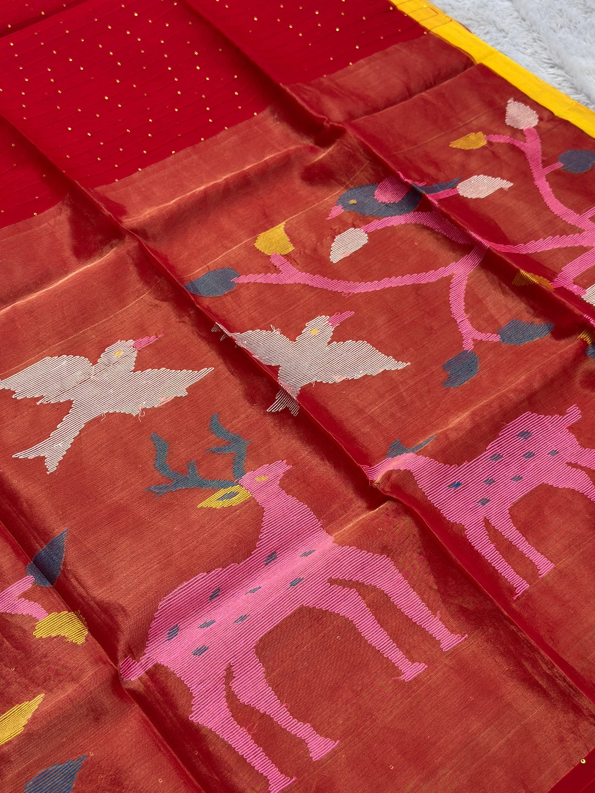 Red Jamdani Saree with Deer Motif - RV Couture 24