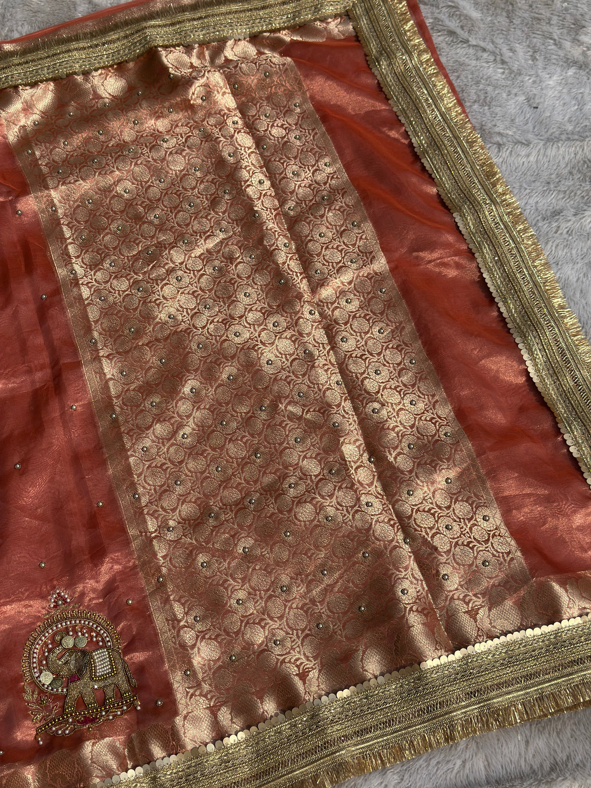 Shahi Gajraj Rusted Orange Banarasi Silk Saree - RV Couture 24