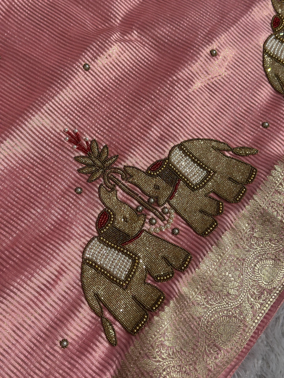 Suvarna Hatti Chiniya Tissue Baby Pink Banarasi Silk Saree - RV Couture 24