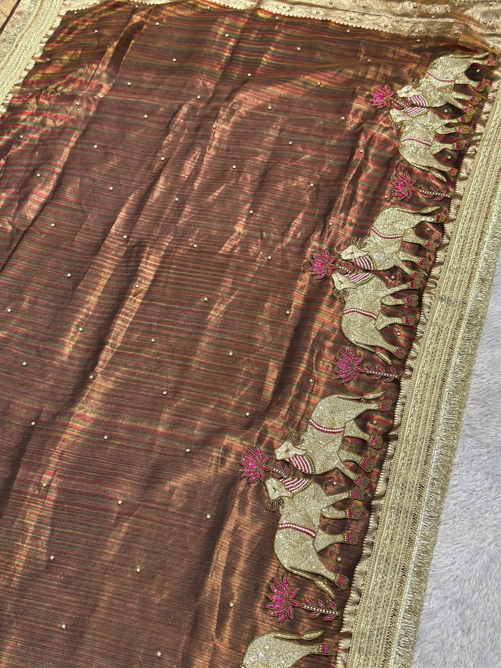 Gajanandi Brown Rainbow Banarasi Silk Saree - RV Couture 24