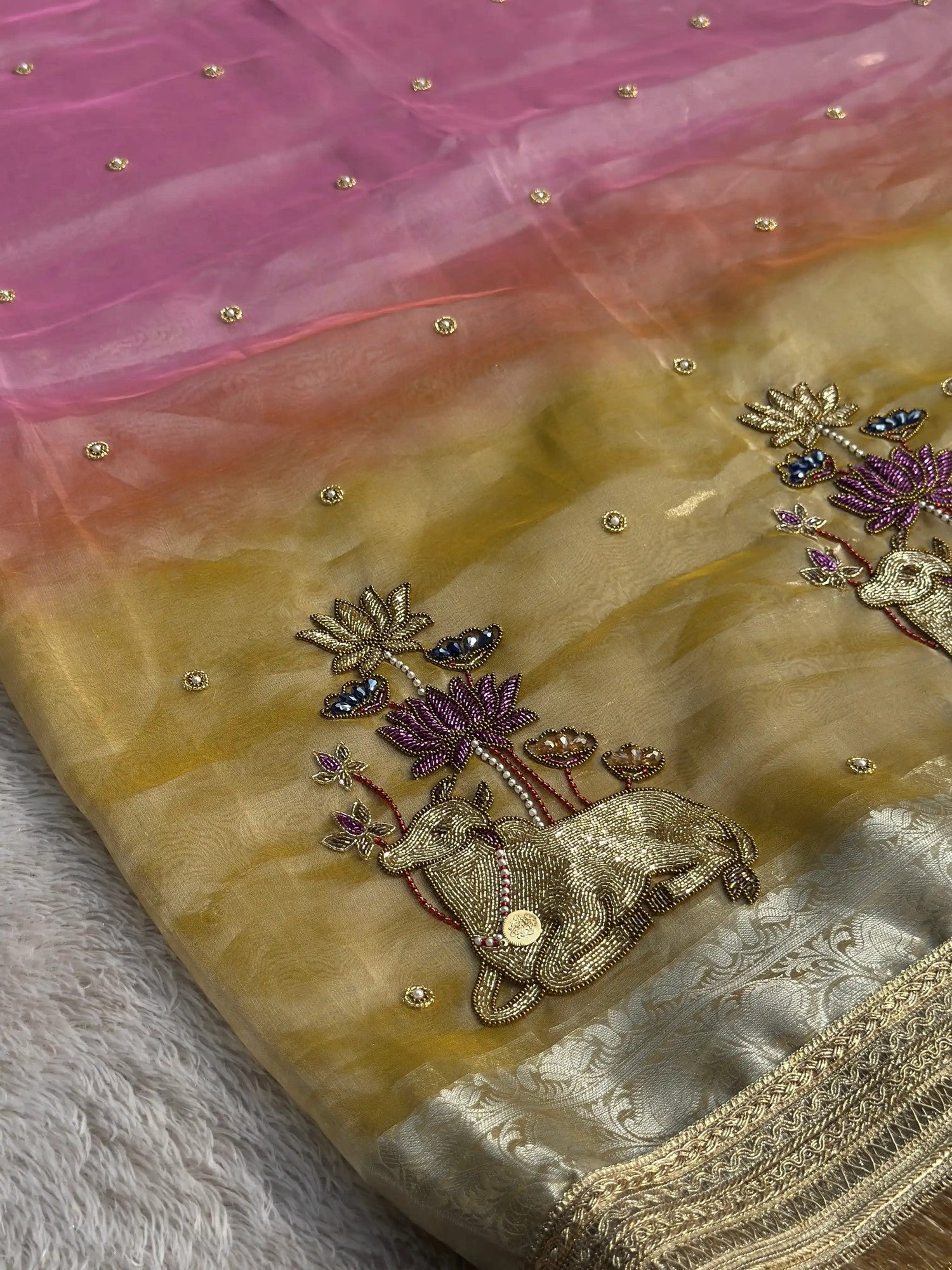 Nandi Pushpa Yellow & Pink Banarasi Silk Saree - RV Couture 24
