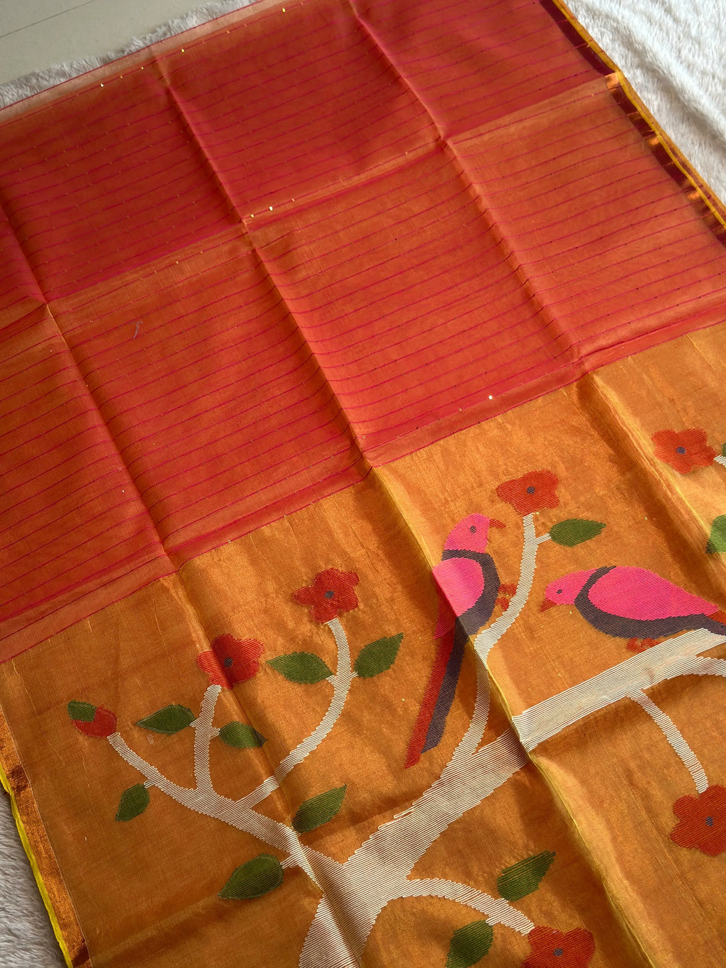 Orange Jamdani Saree with Parrot Motif - RV Couture 24