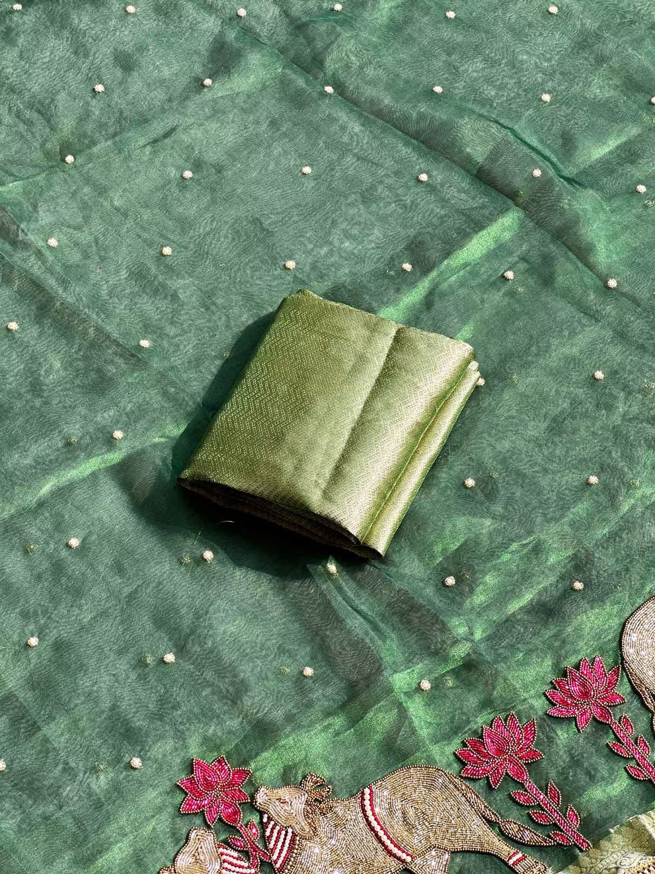 Gajanandi Green Banarasi Silk Saree - RV Couture 24