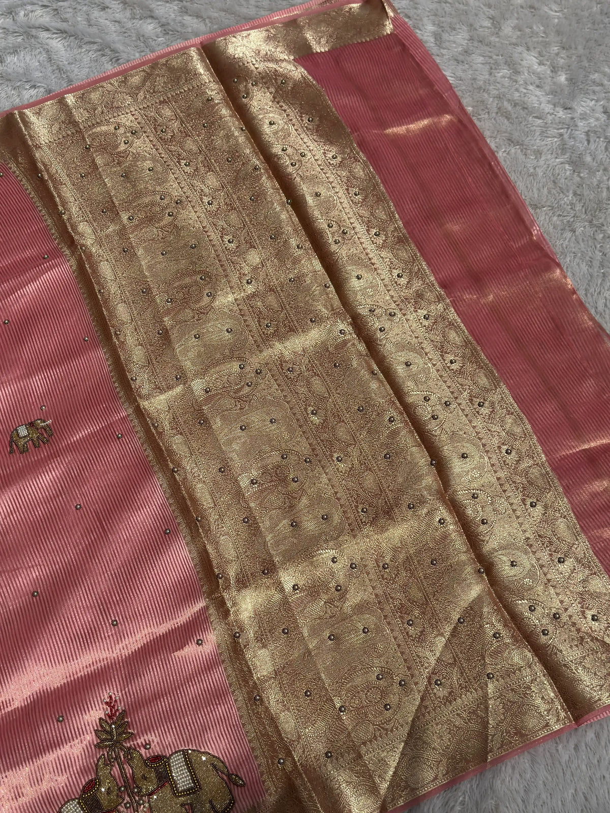 Suvarna Hatti Chiniya Tissue Baby Pink Banarasi Silk Saree - RV Couture 24