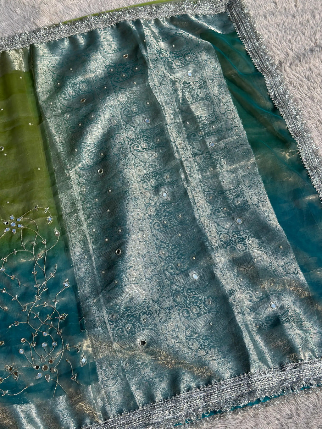 Pushpanjali Blue & Green Banarasi Silk Saree - RV Couture 24