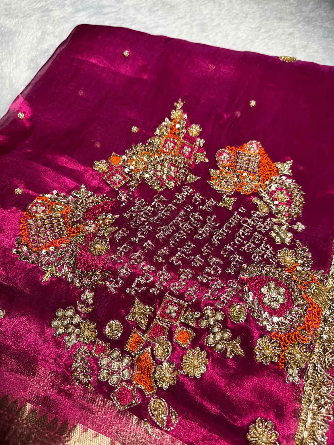 Gayatri Mantra Red Banarasi Silk Saree - RV Couture 24