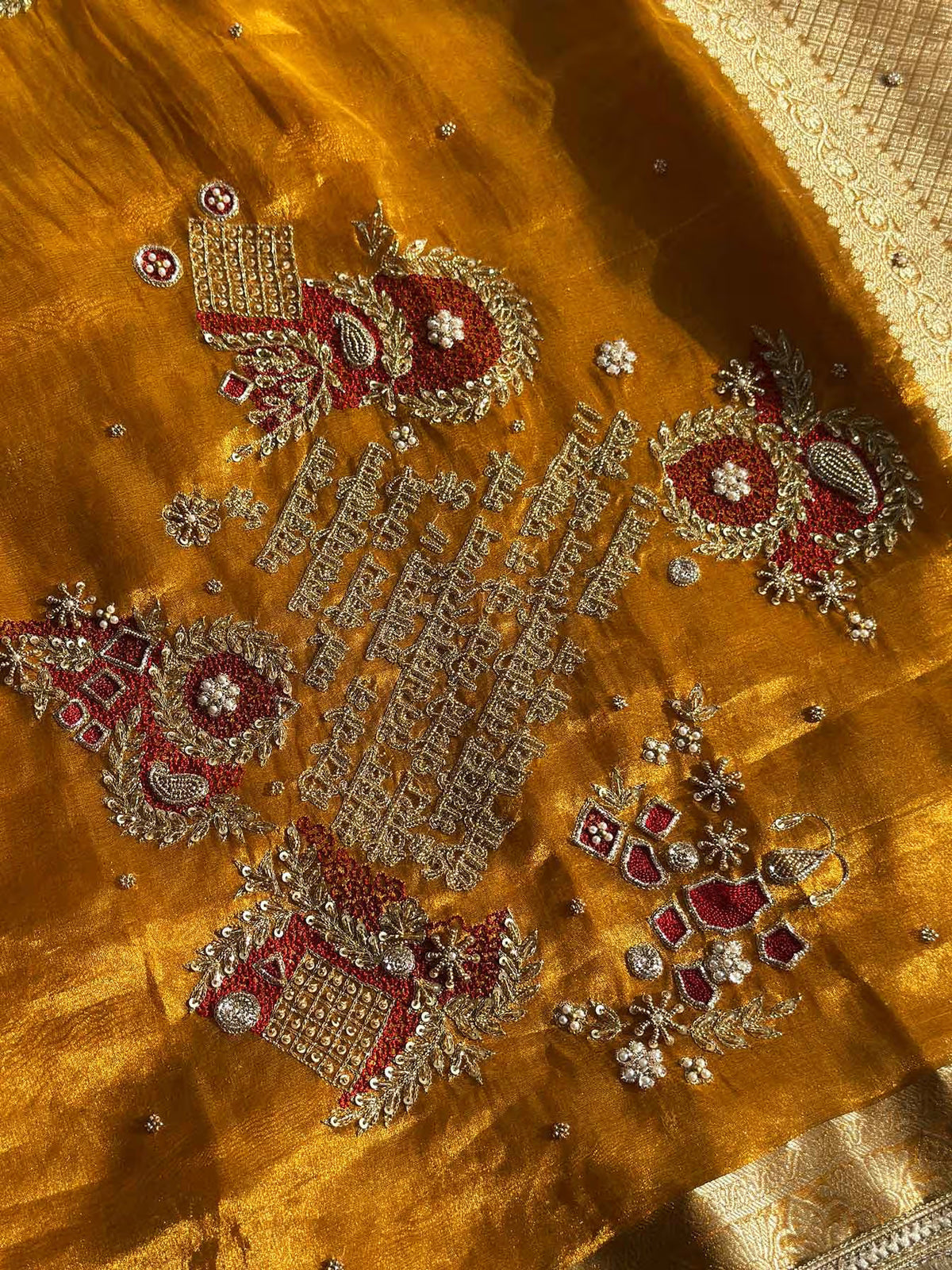 Gayatri Mantra Yellow Banarasi Silk Saree - RV Couture 24