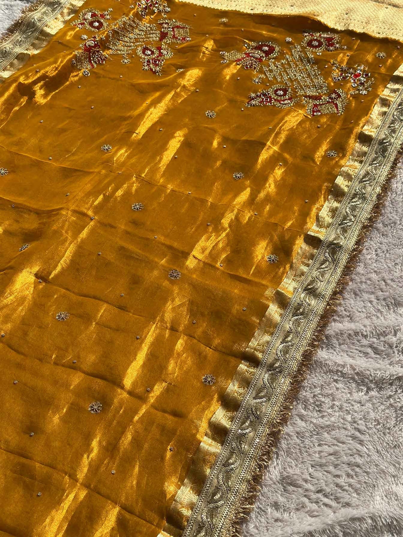 Gayatri Mantra Yellow Banarasi Silk Saree - RV Couture 24
