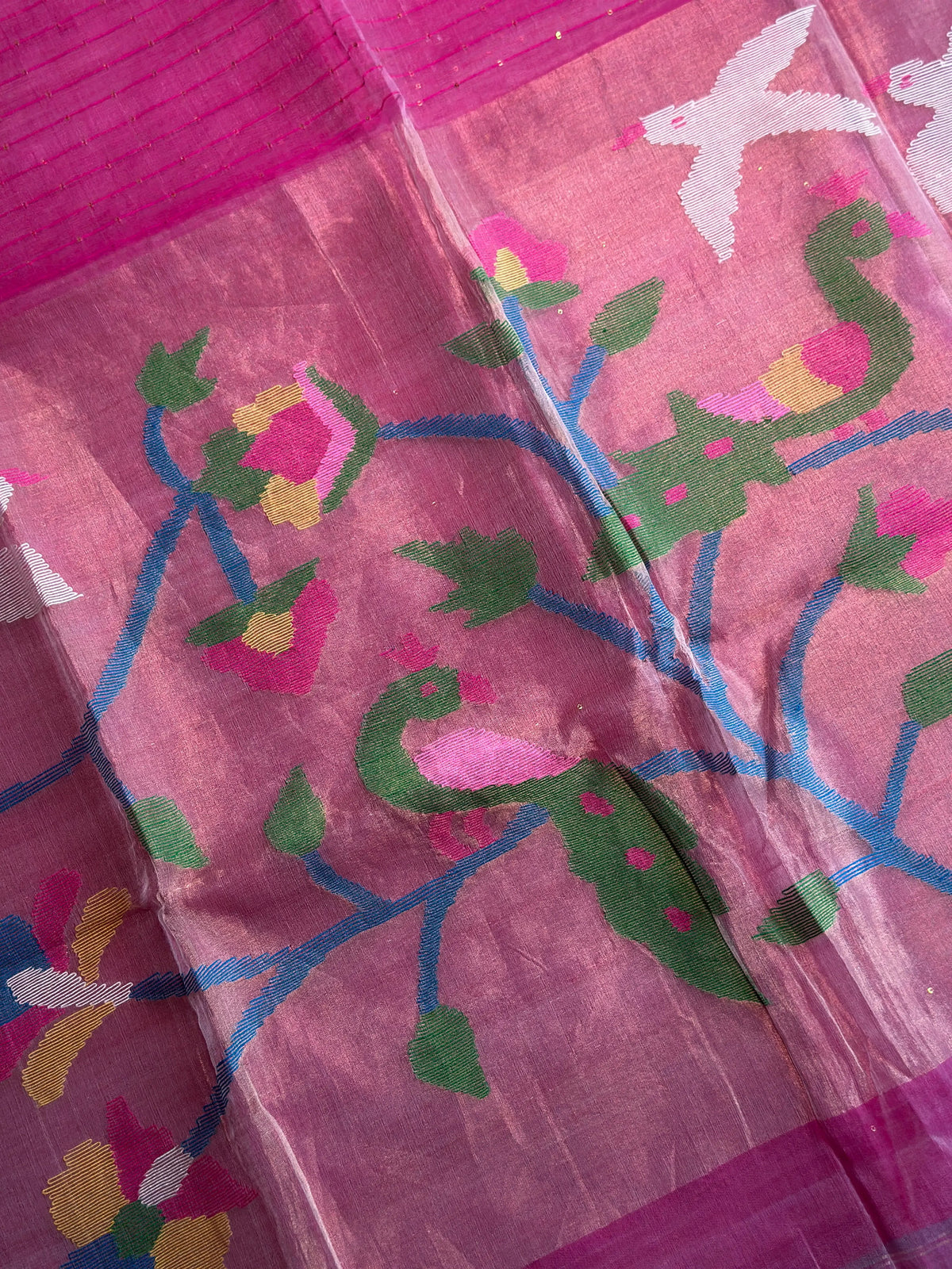 Pink Jamdani Saree with Peacock Motif - RV Couture 24