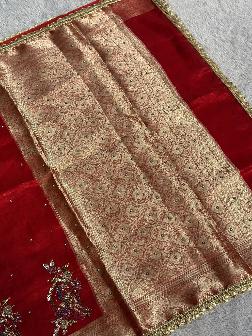 Shahi Mayur Red Banarasi Silk Saree - RV Couture 24