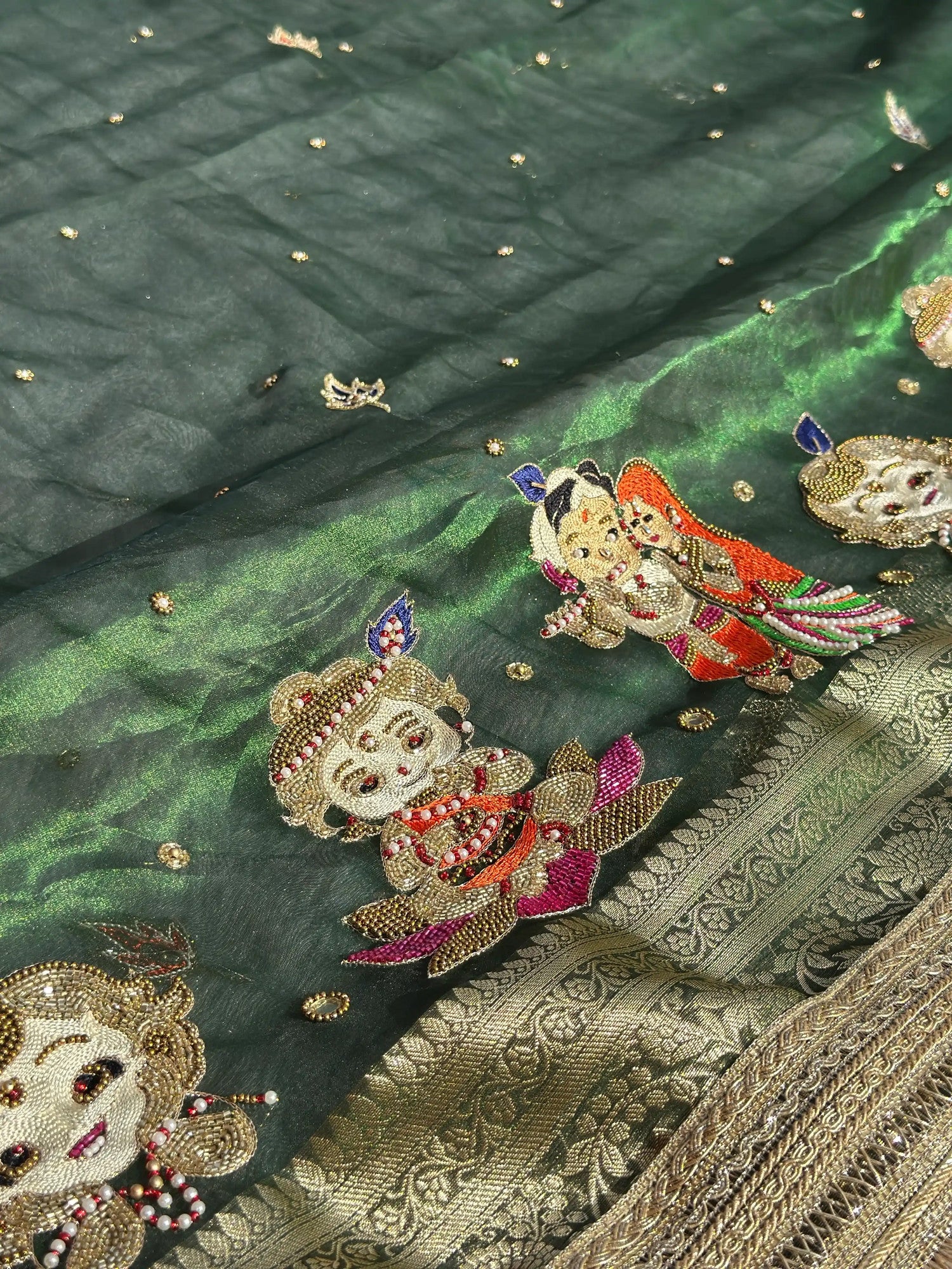 Krishna Leela Green Banarasi Silk Saree - RV Couture 24
