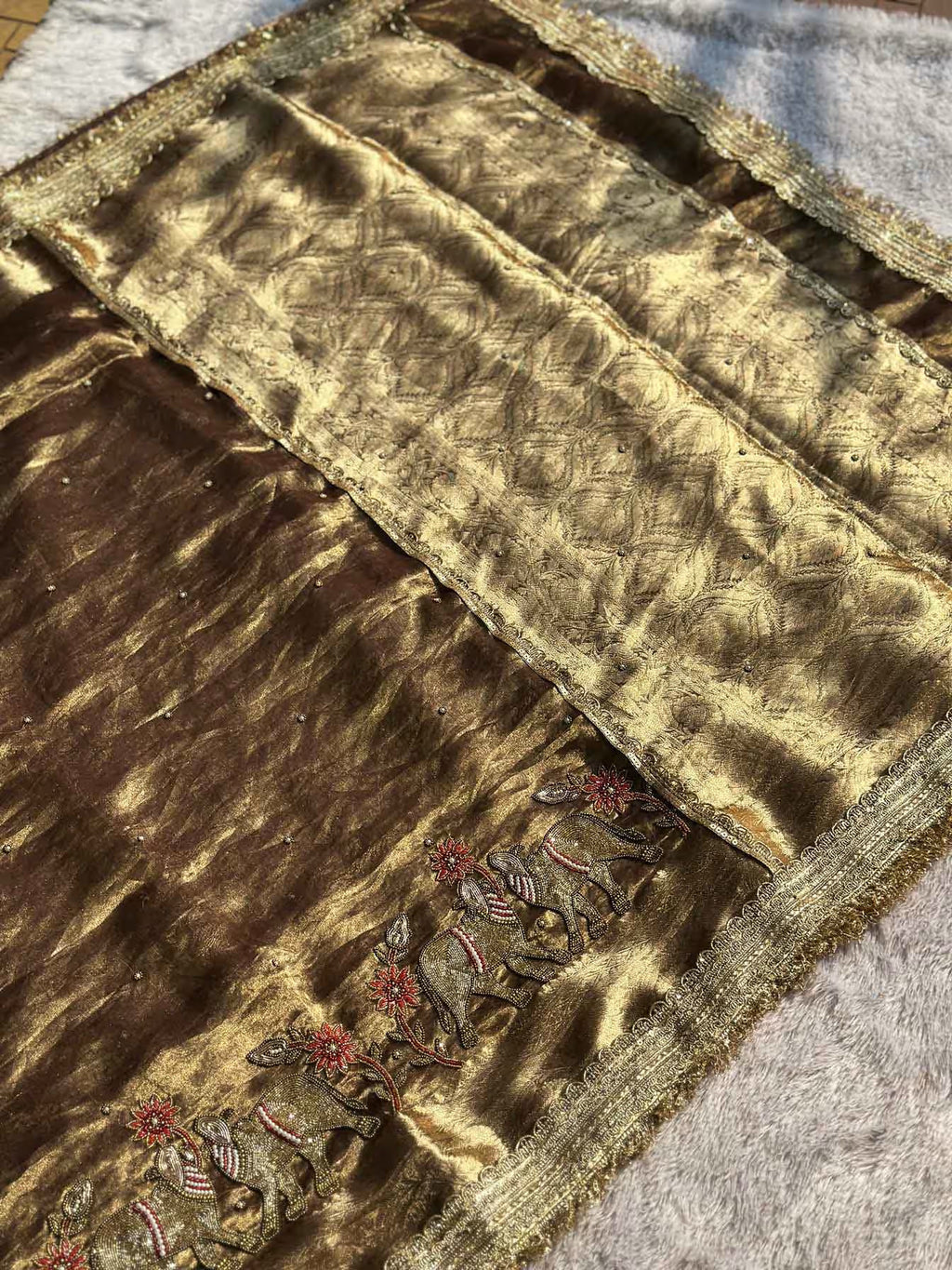 Gajanandi Mini Antique Bronzed Gold Banarasi Silk Saree - RV Couture 24