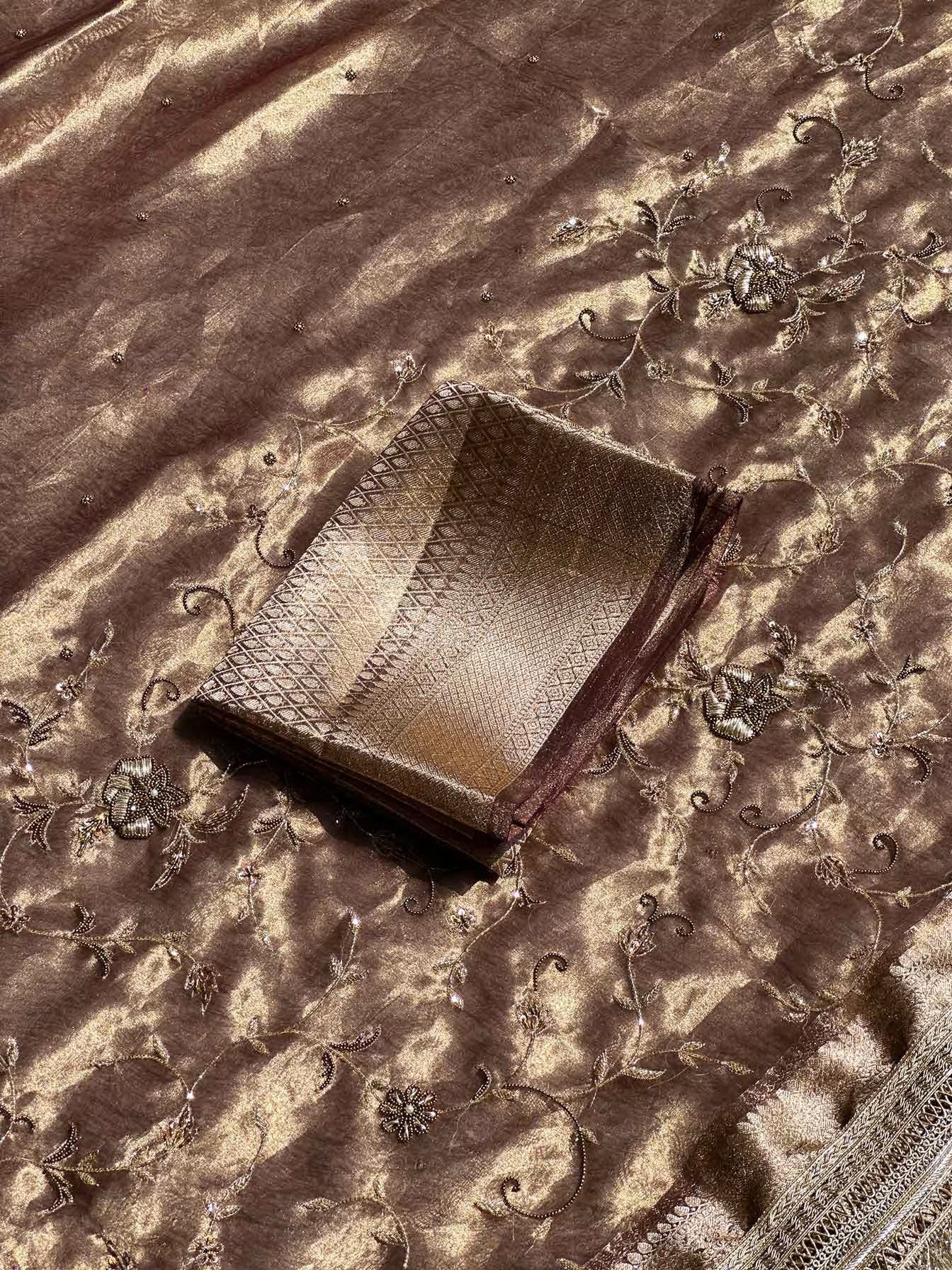 Hiranyavel Antique Bronzed Gold Banarasi Silk Saree - RV Couture 24
