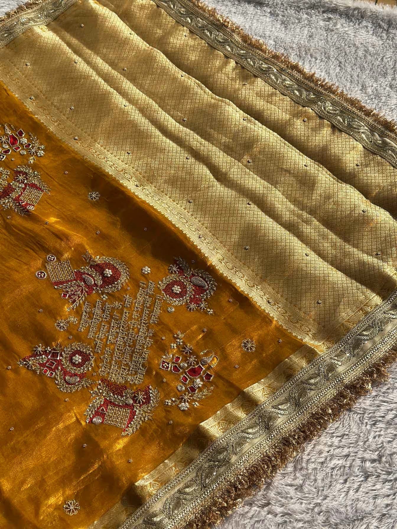 Gayatri Mantra Yellow Banarasi Silk Saree - RV Couture 24
