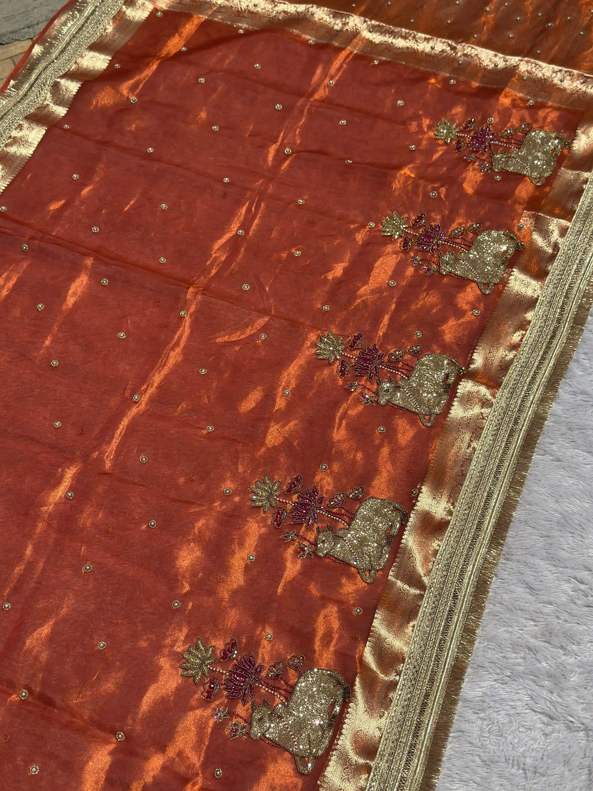 Nandi Pushpa Orange Banarasi Silk Saree - RV Couture 24