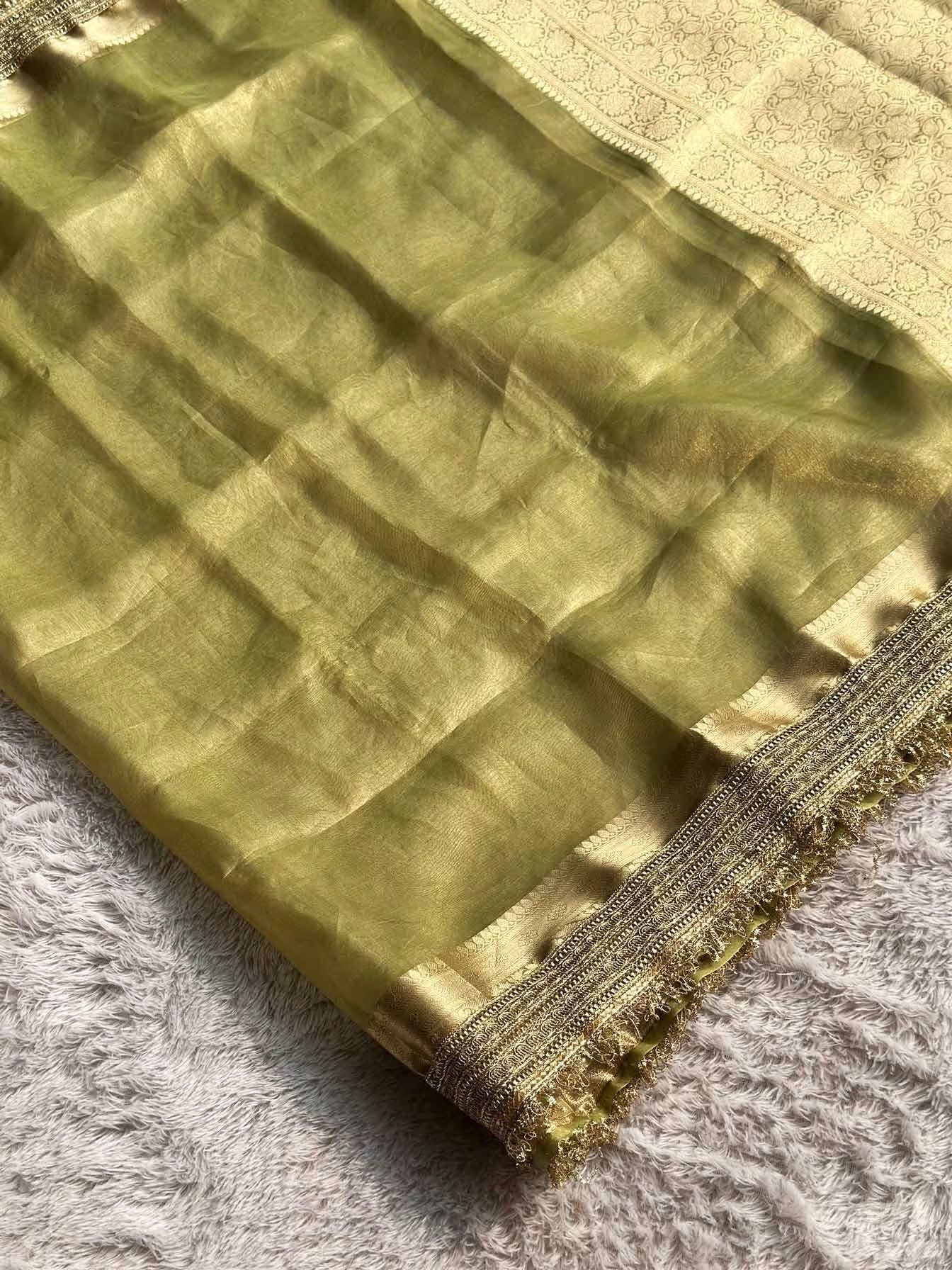 Paramparik Jari Pistachio Green Banarasi Silk Saree - RV Couture 24