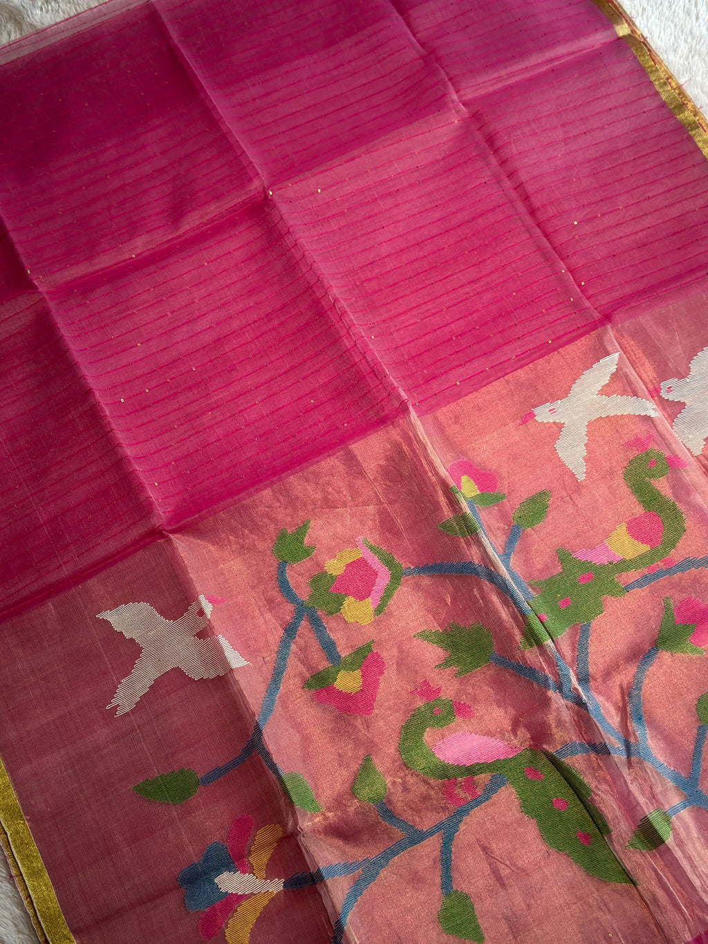 Pink Jamdani Saree with Peacock Motif - RV Couture 24