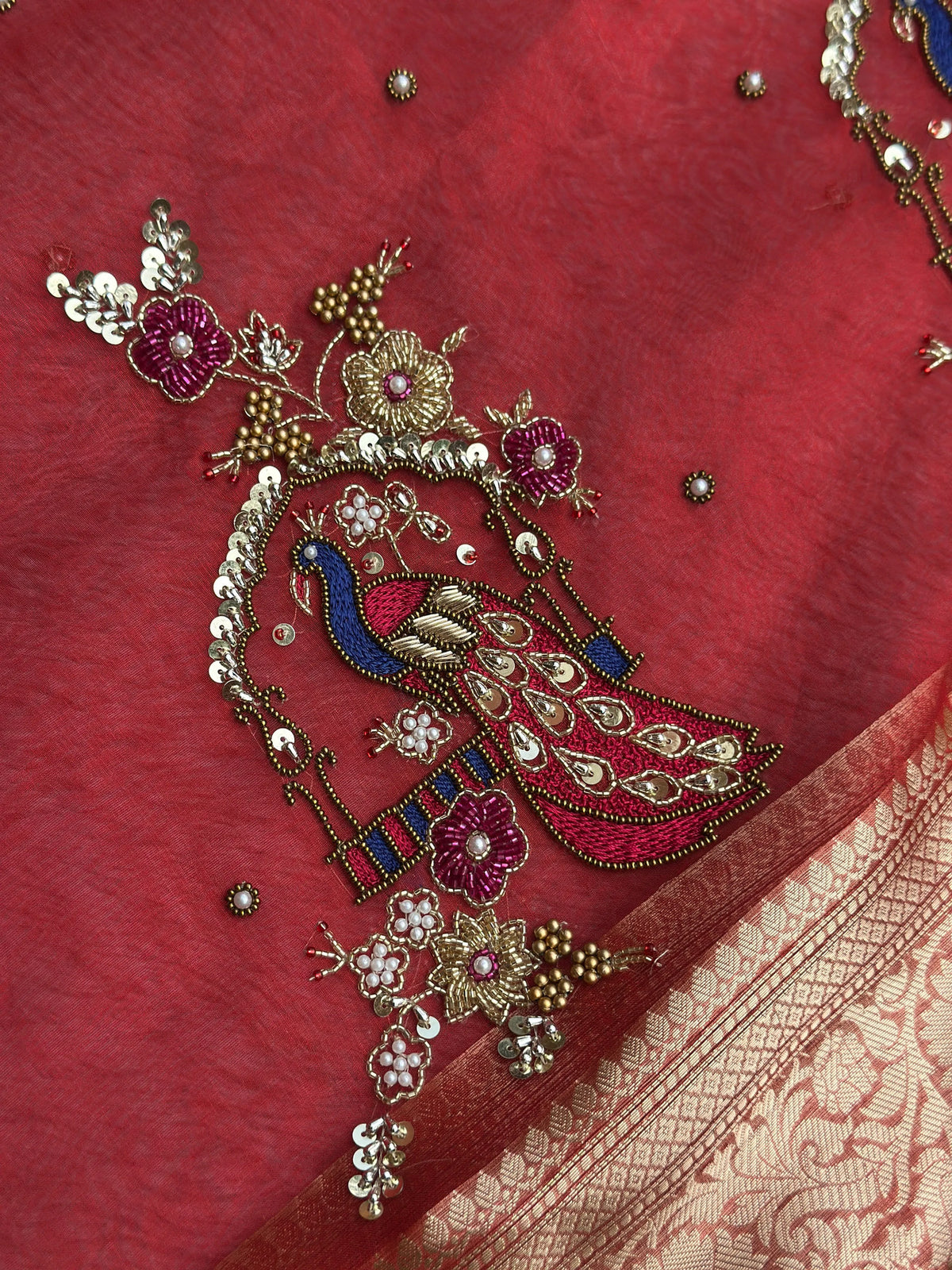 Shahi Mayur Red Banarasi Silk Saree - RV Couture 24