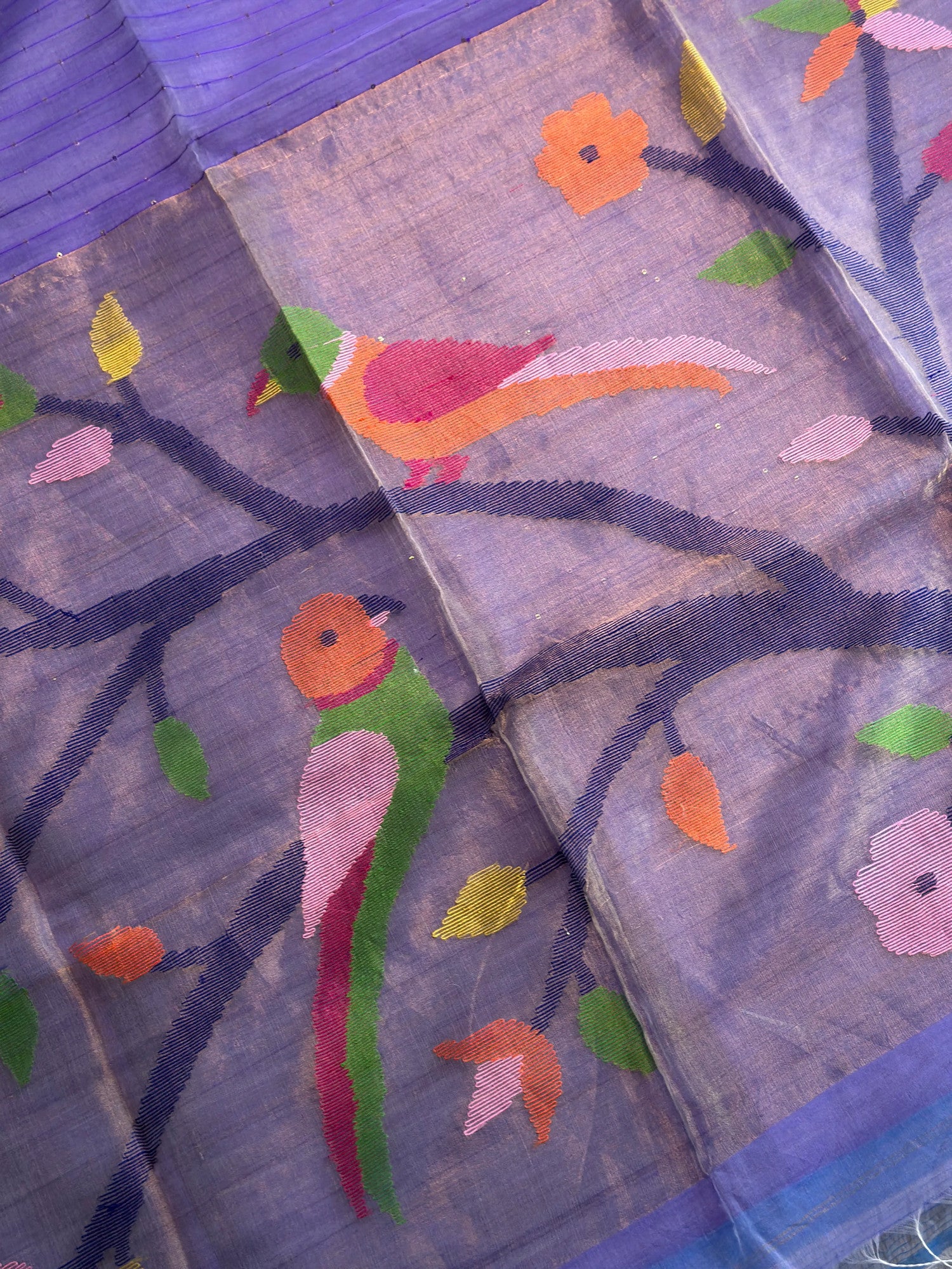 Purple Jamdani Saree with Parrot Motif - RV Couture 24