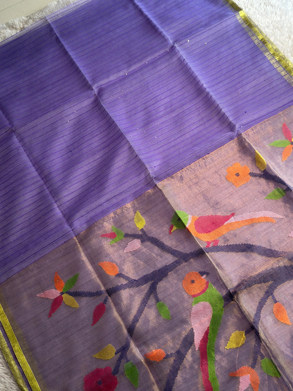 Purple Jamdani Saree with Parrot Motif - RV Couture 24