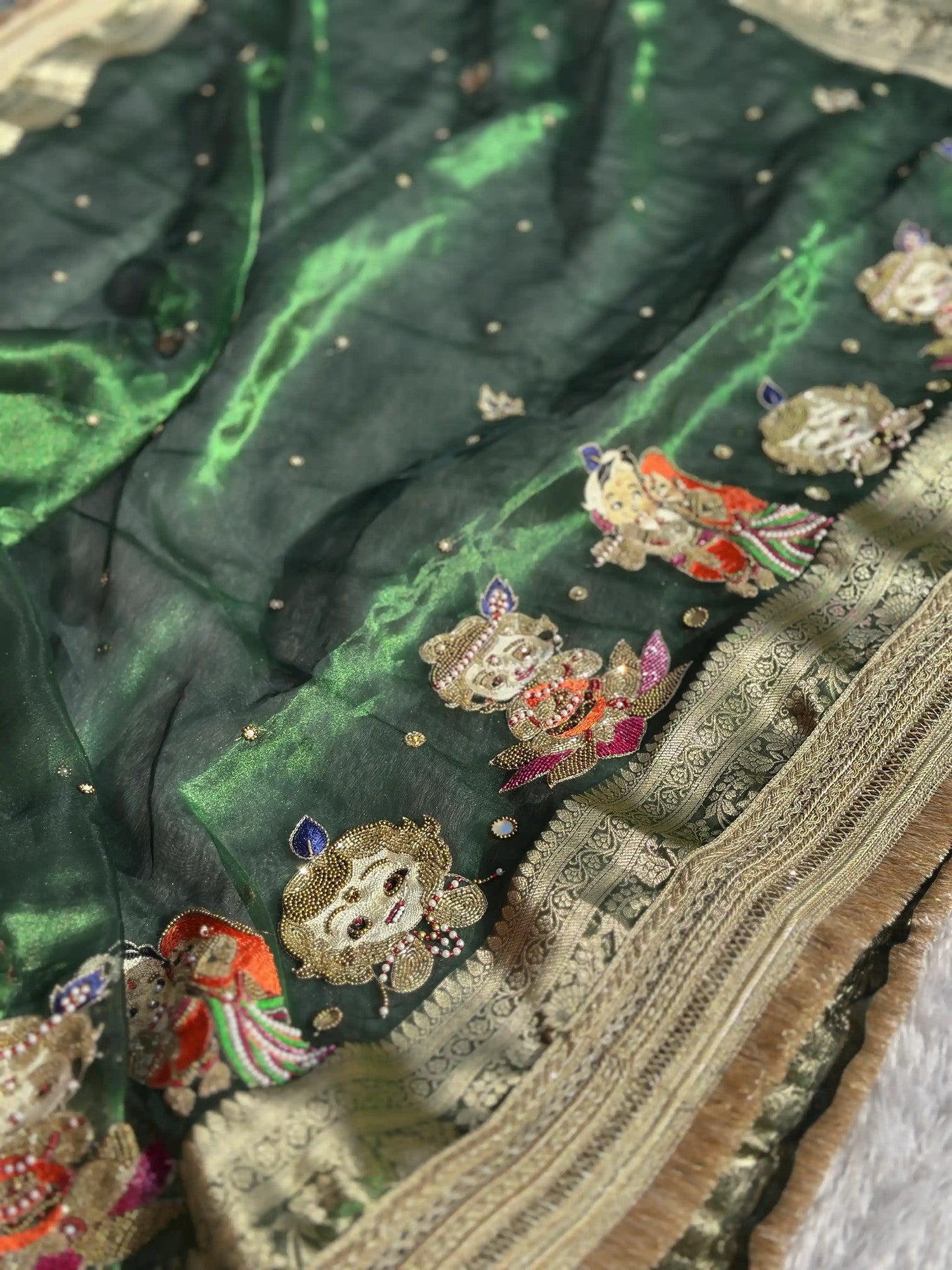 Krishna Leela Green Banarasi Silk Saree - RV Couture 24