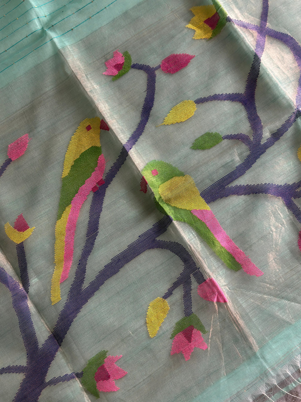 Sky Blue Jamdani Saree with Parrot Motif - RV Couture 24