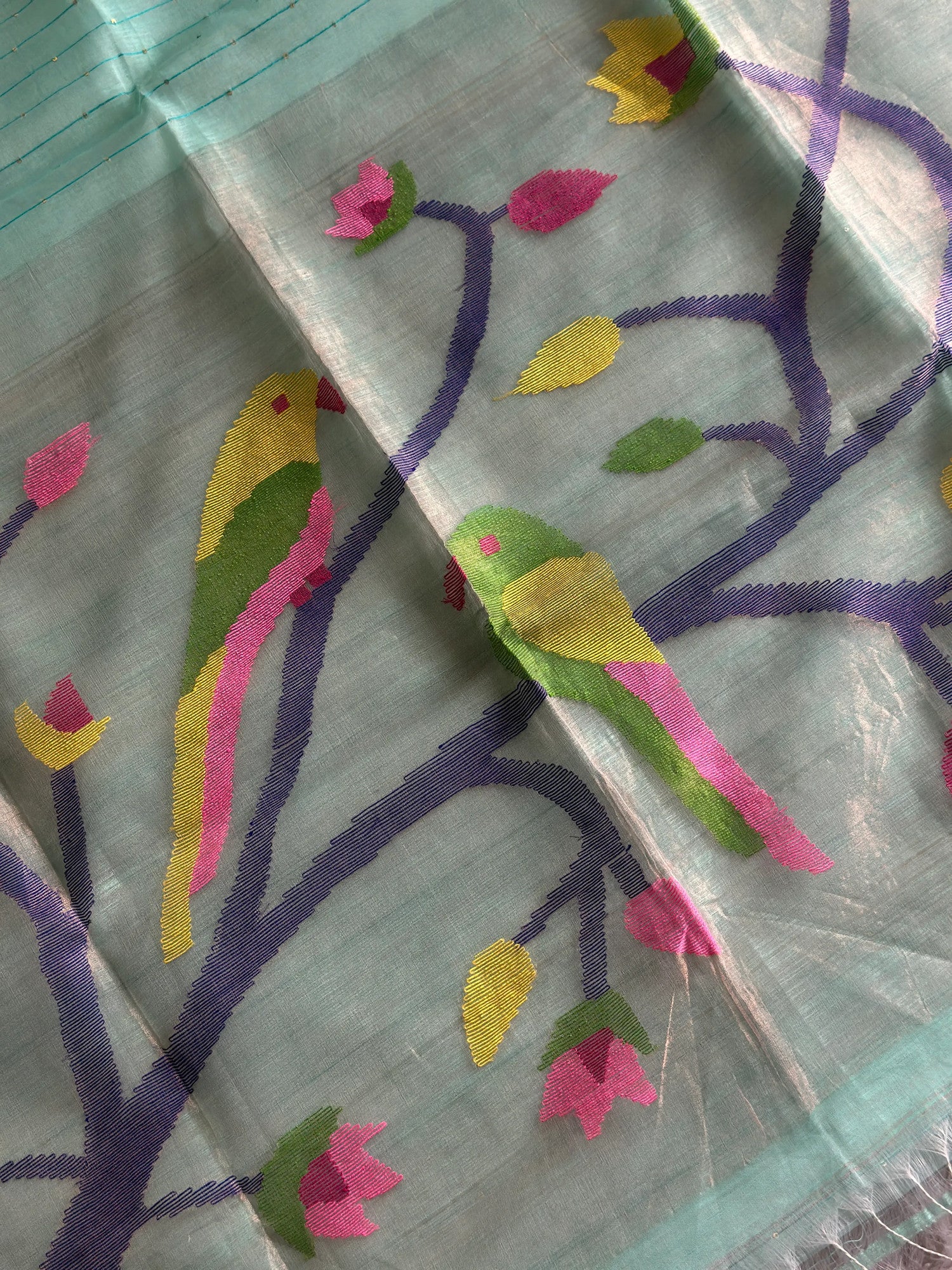 Sky Blue Jamdani Saree with Parrot Motif - RV Couture 24