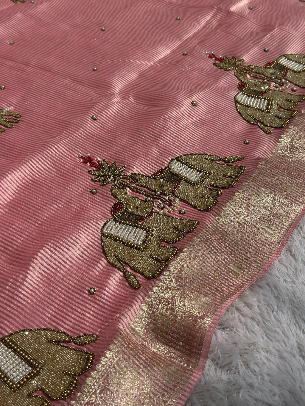Suvarna Hatti Chiniya Tissue Baby Pink Banarasi Silk Saree - RV Couture 24