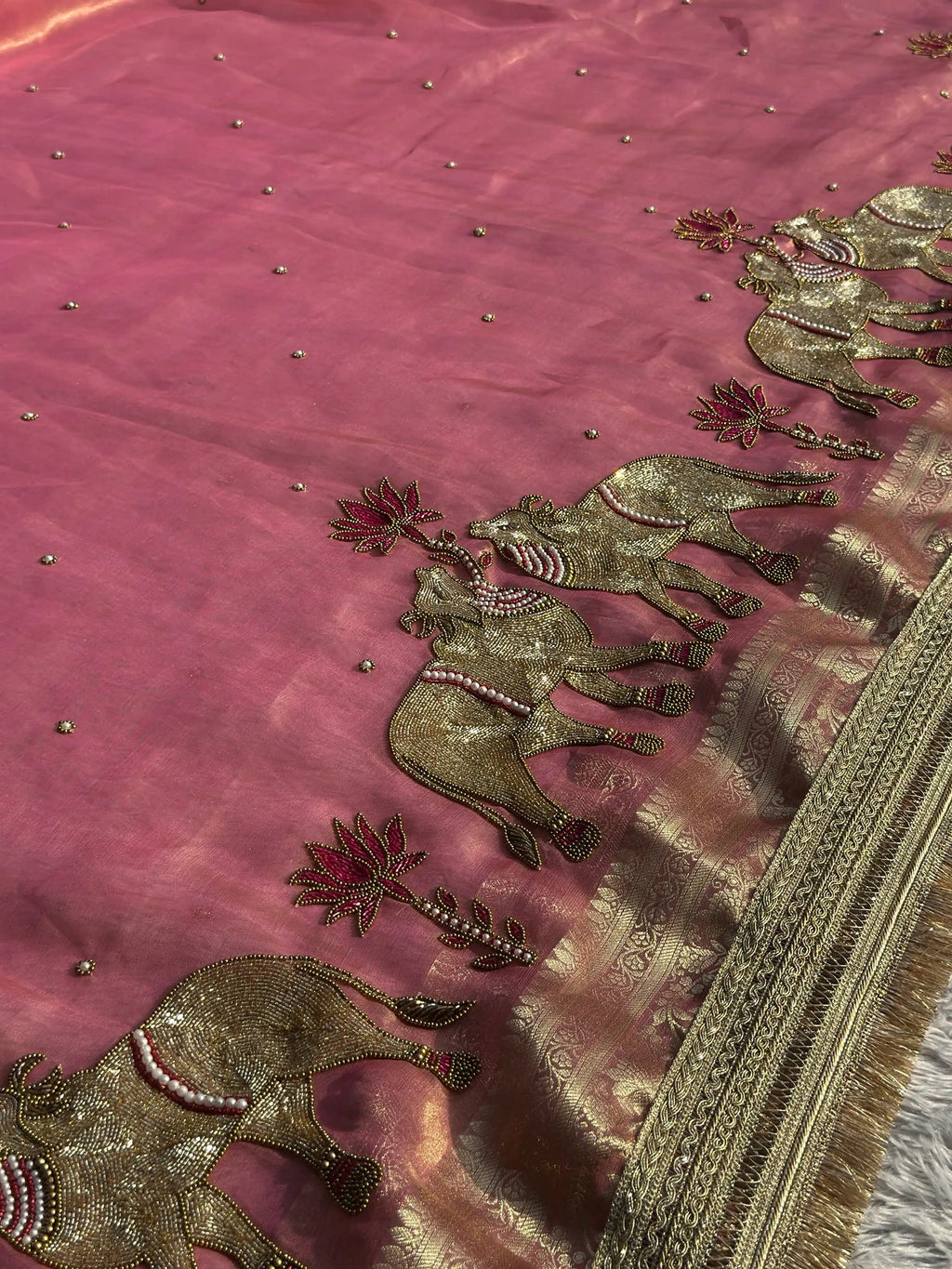 Gajanandi Baby Pink Banarasi Silk Saree - RV Couture 24
