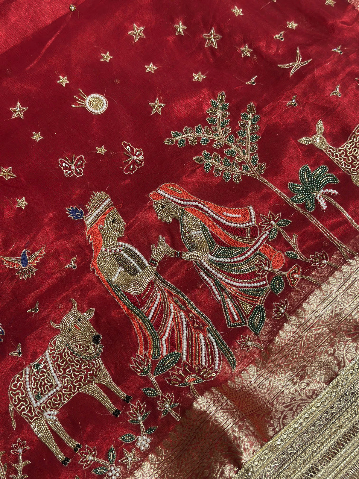 Radha-Krishna Red Banarasi Silk Saree - RV Couture 24