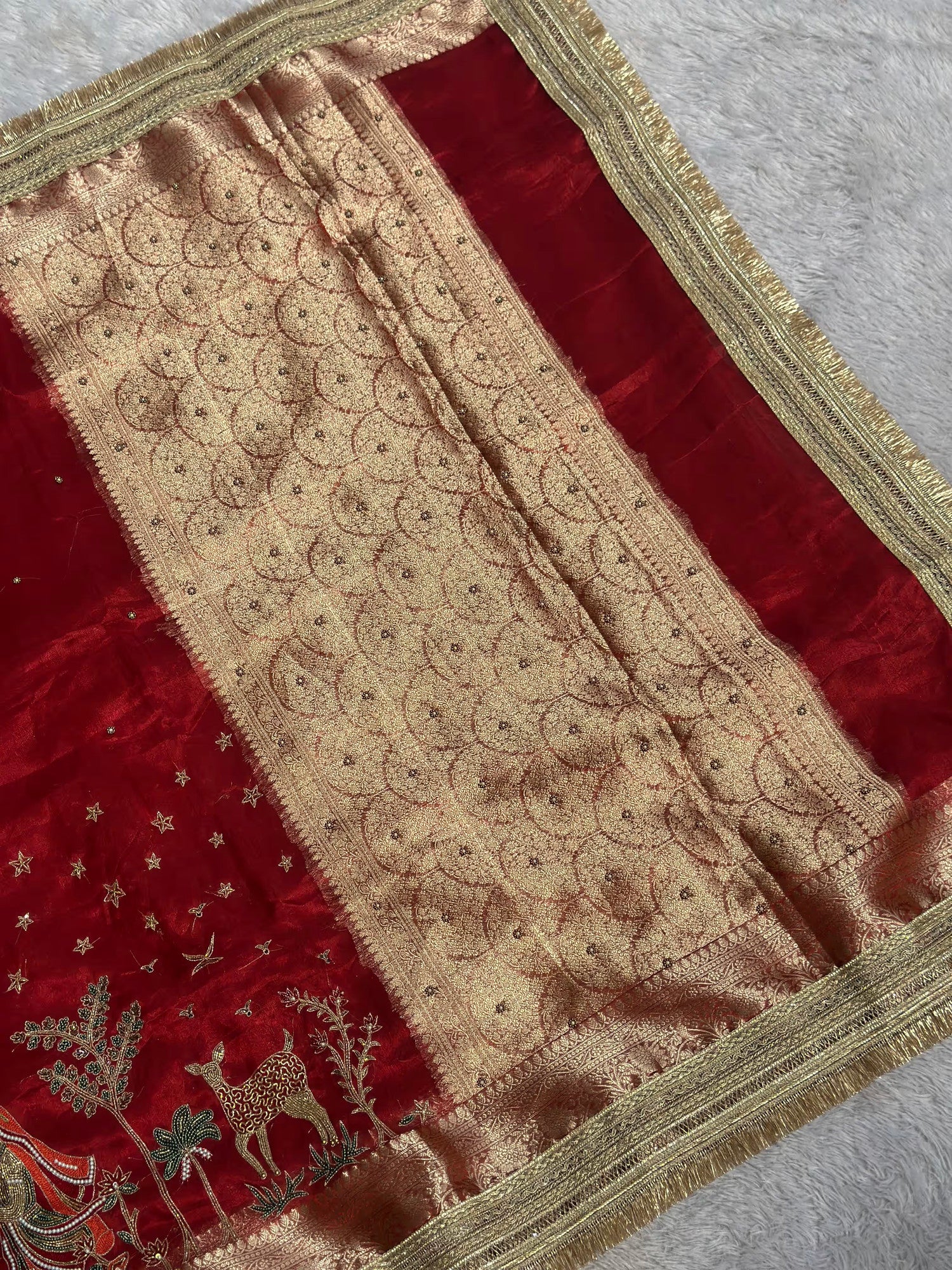 Radha-Krishna Red Banarasi Silk Saree - RV Couture 24