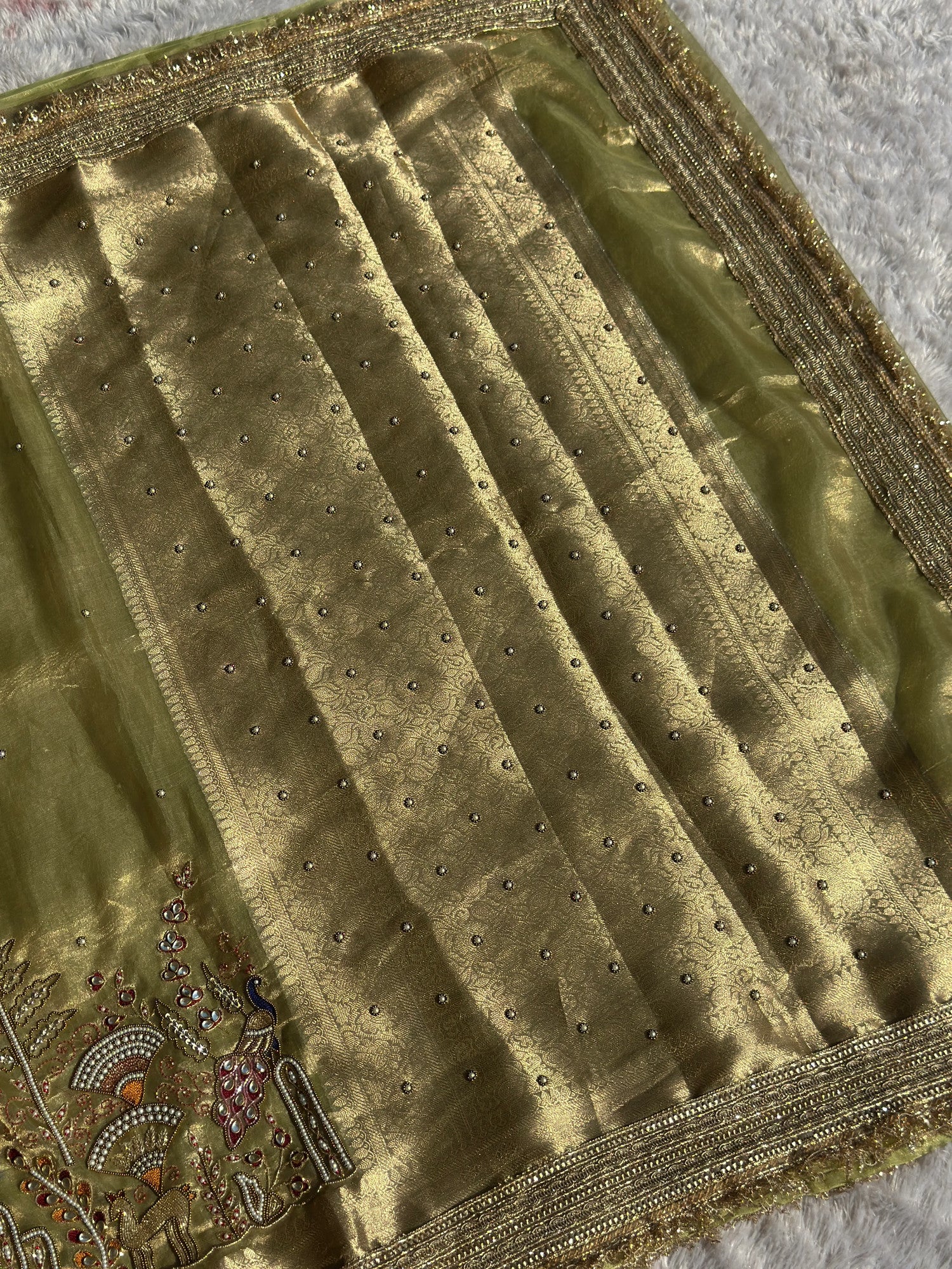 Mor Mahal Pista Banarasi Silk Saree - RV Couture 24