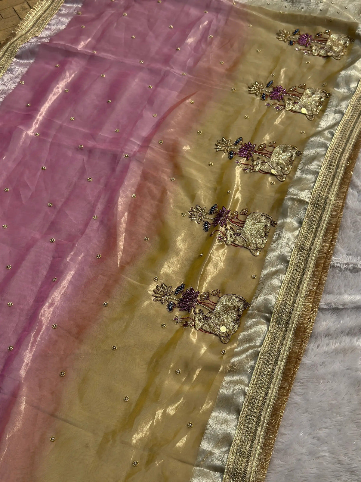 Nandi Pushpa Yellow & Pink Banarasi Silk Saree - RV Couture 24