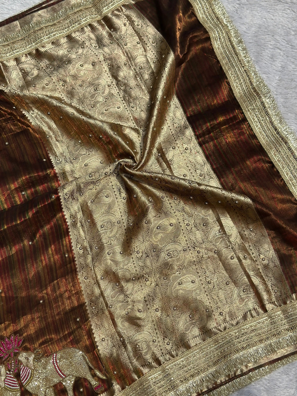 Gajanandi Brown Rainbow Banarasi Silk Saree - RV Couture 24