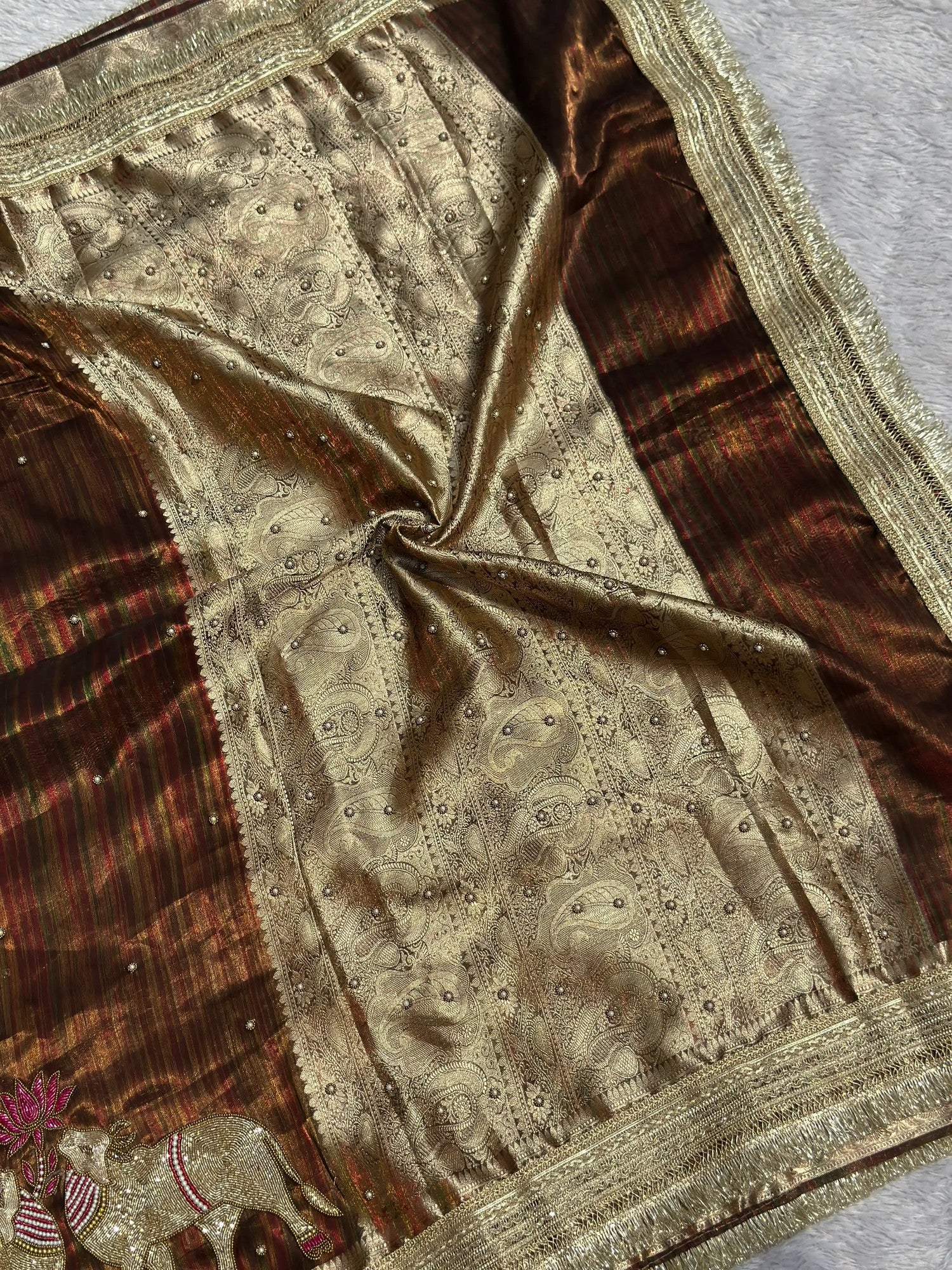 Gajanandi Brown Rainbow Banarasi Silk Saree - RV Couture 24