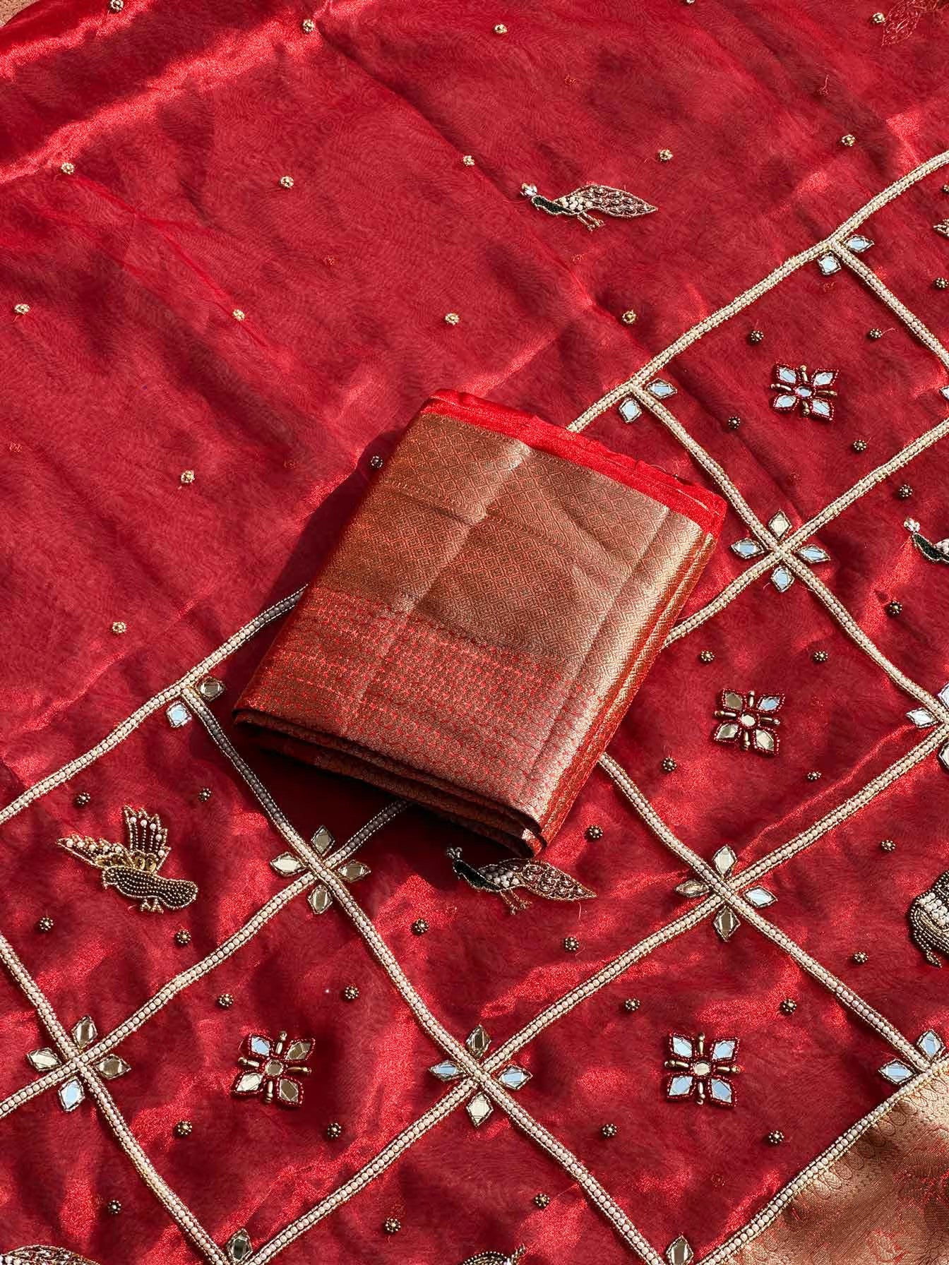Suvarna Jali Red Banarasi Silk Saree - RV Couture 24