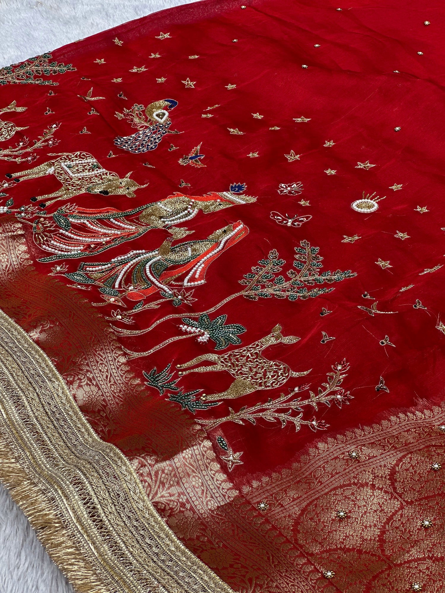 Radha-Krishna Red Banarasi Silk Saree - RV Couture 24