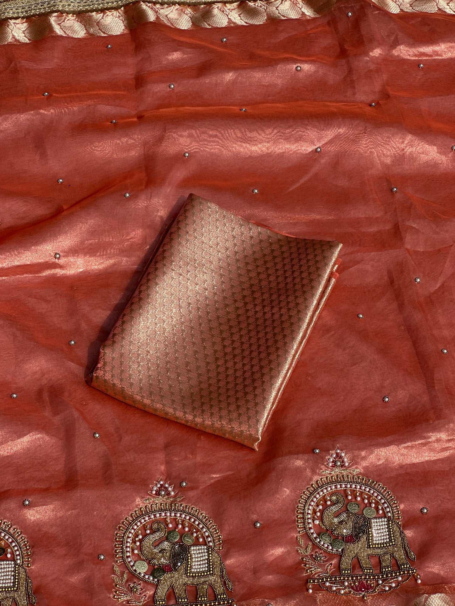 Shahi Gajraj Rusted Orange Banarasi Silk Saree - RV Couture 24