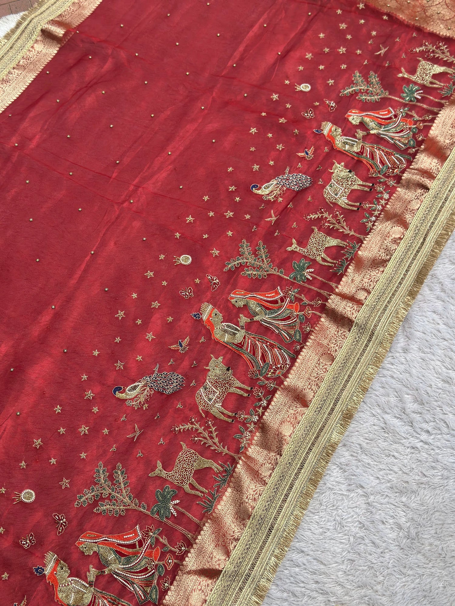 Radha-Krishna Red Banarasi Silk Saree - RV Couture 24