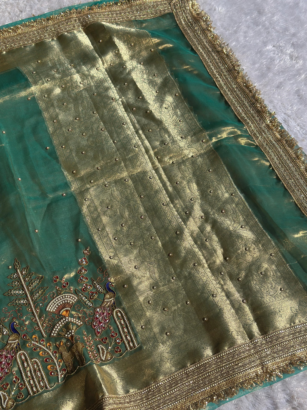 Mor Mahal Teal Green Banarasi Silk Saree - RV Couture 24