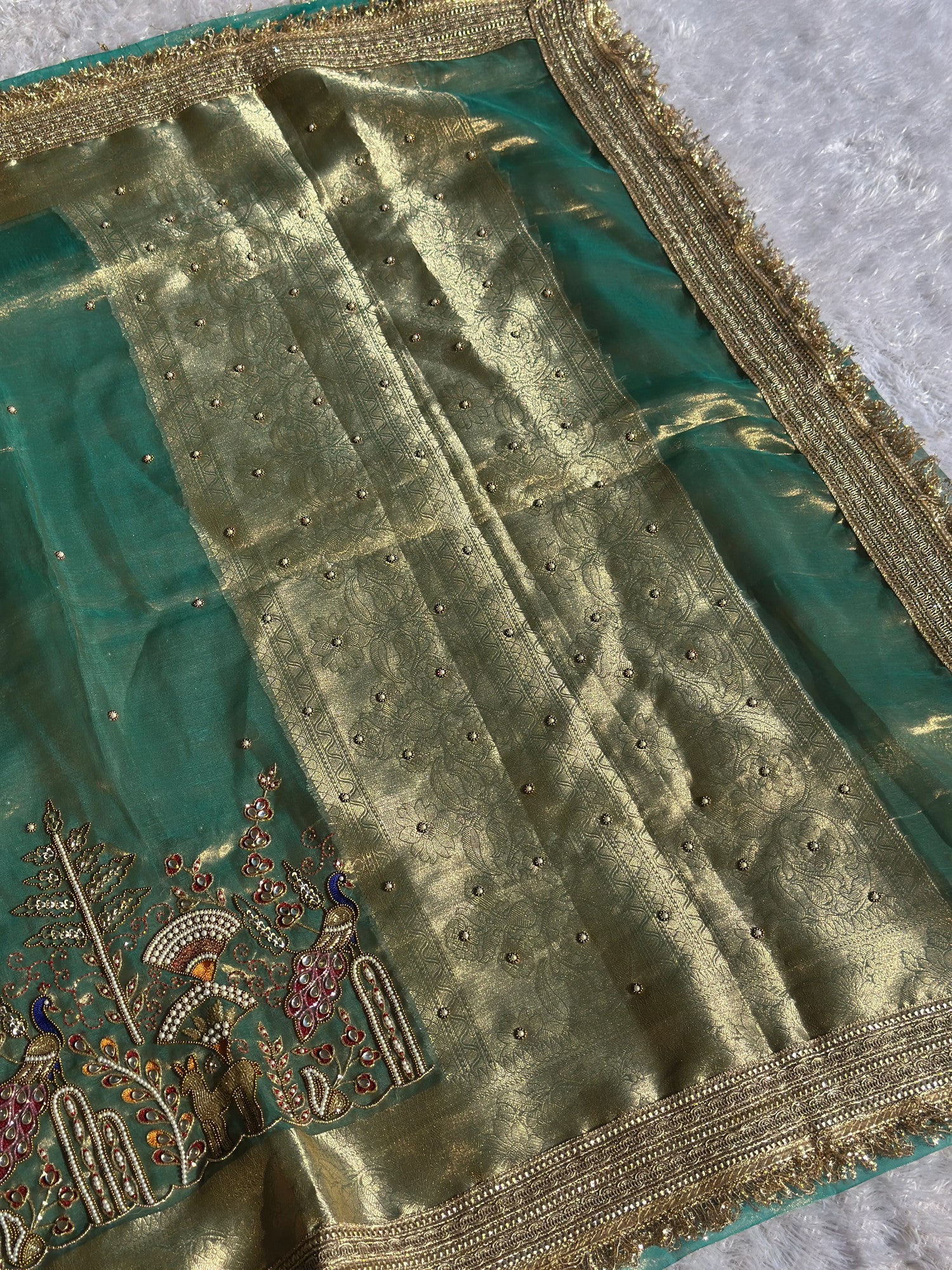 Mor Mahal Teal Green Banarasi Silk Saree - RV Couture 24